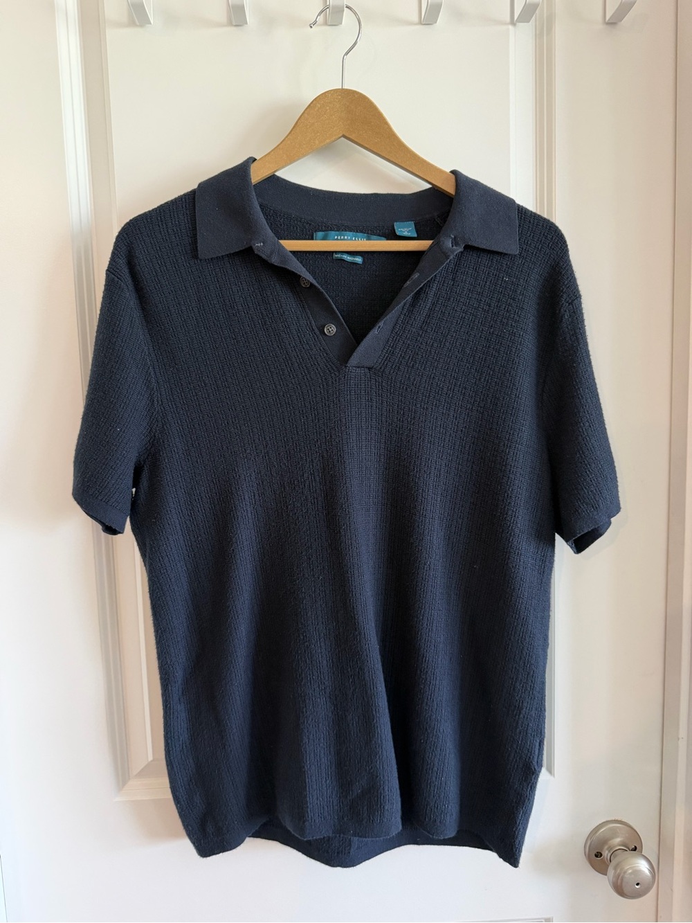 Perry Ellis Knit Top Mens Md Navy Blue Short Sleeve Preppy Collegiate Academia
